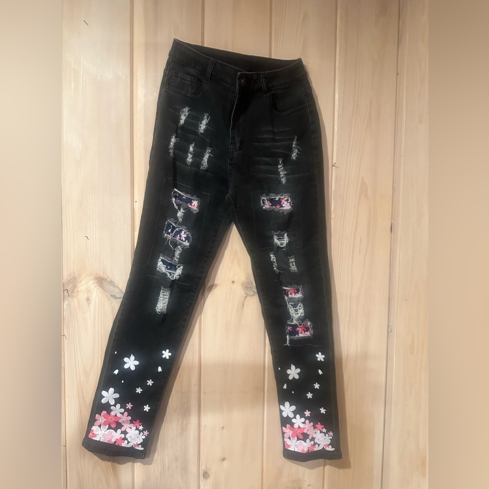 EVALESS Black Ripped Floral Patchwork Jeans Boyfriend